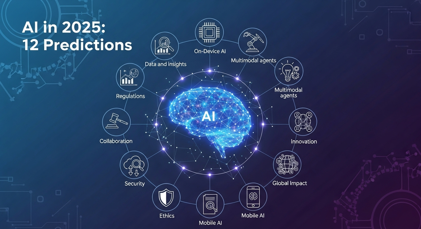 Visual representation of AI in 2025 featuring interconnected devices, icons for voice, images, and code that illustrate multimodal and on-device intelligence.
