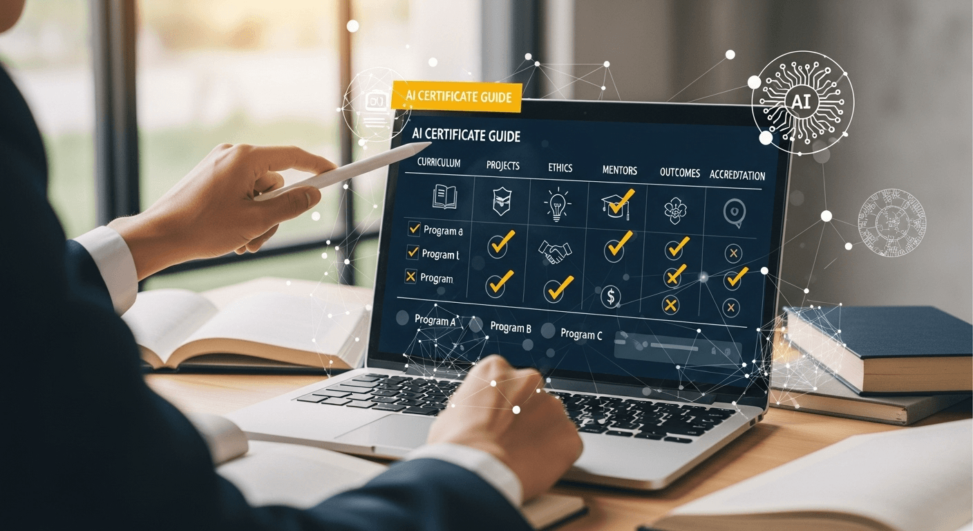 Professional comparing online AI certificate programs on a laptop with course syllabi and accreditation checklists