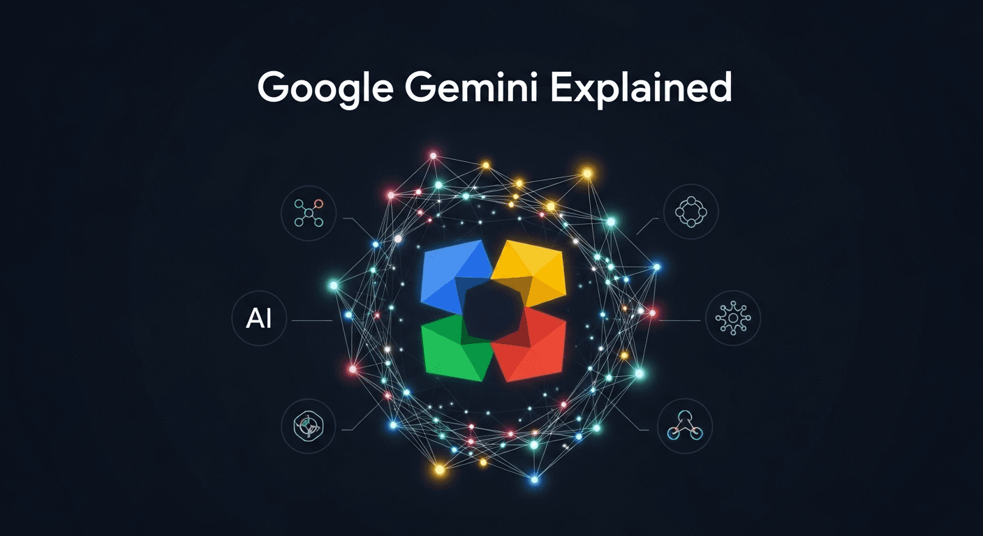 Illustration of Google Gemini multimodal AI connecting text, images, audio, and video