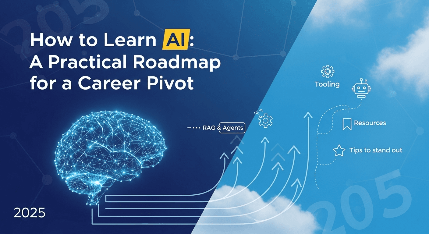 Illustration of a person pivoting into an AI career with neural network and code elements in the background