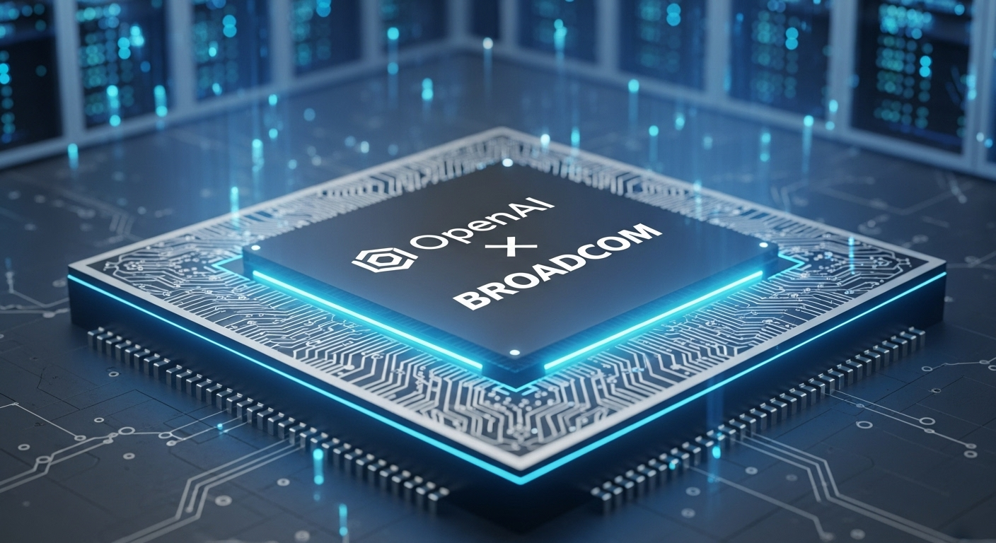 Concept image of custom AI chip co-developed by OpenAI and Broadcom in a data center rack