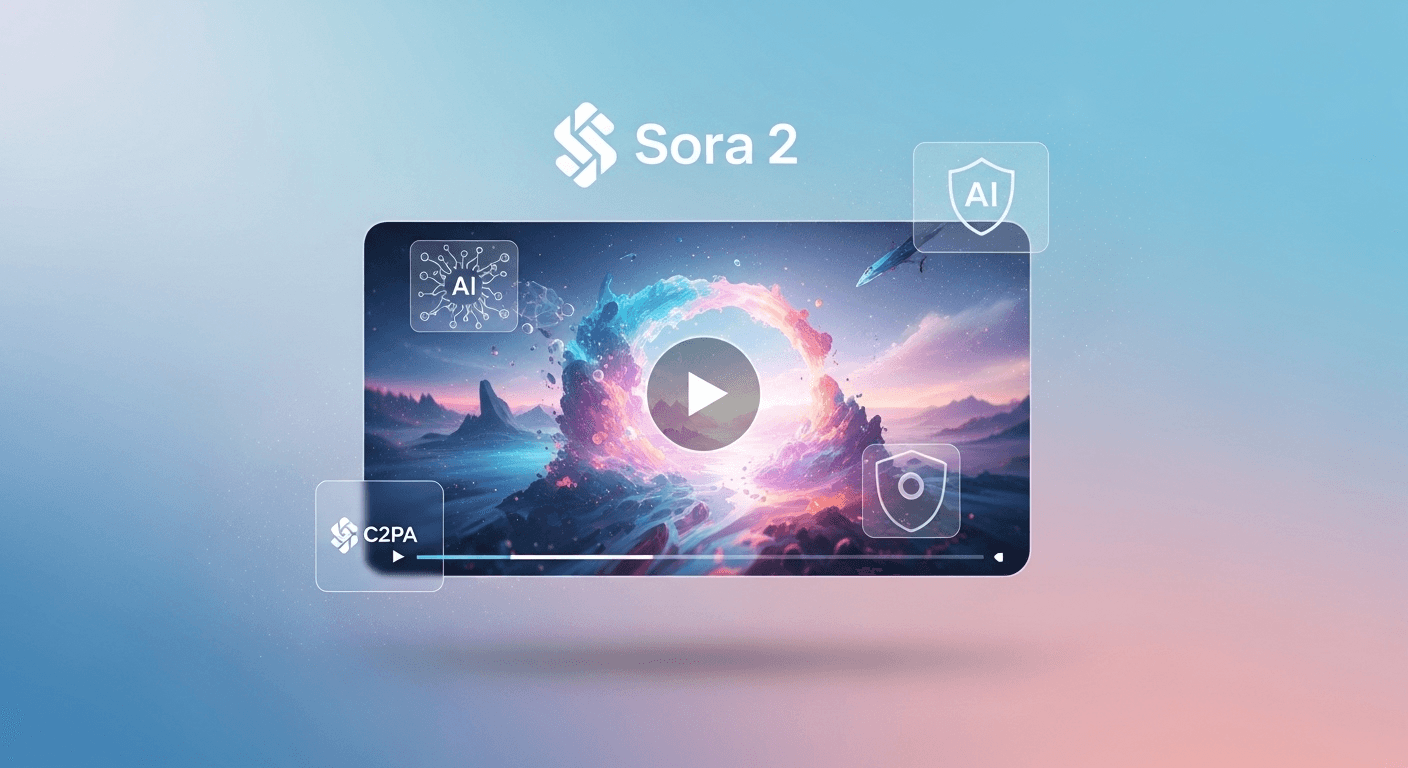 Illustration of Sora 2 generating a realistic video scene with visible watermark and provenance badge