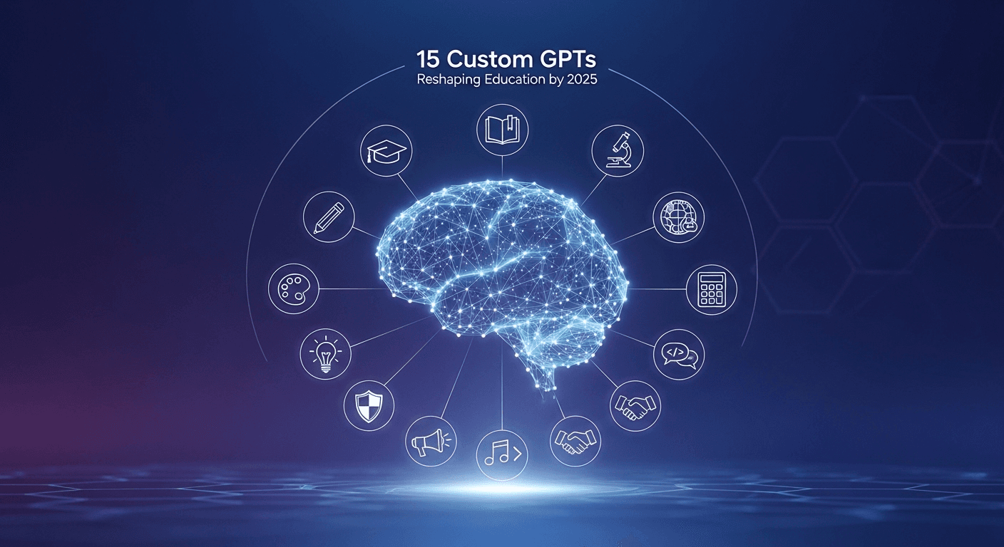 Educator utilizing a custom GPT tutor with students using laptops in a futuristic 2025 classroom.