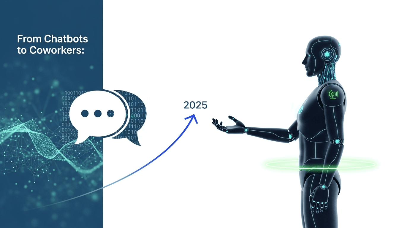 A humanoid robot alongside an AI agent interface, representing the 2025 enterprise AI predictions