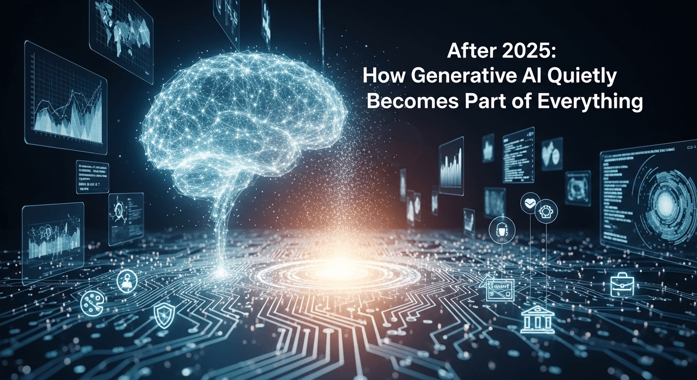 Individuals using AI assistants across various devices in both home and workplace settings, showcasing the integration of generative AI into daily life.