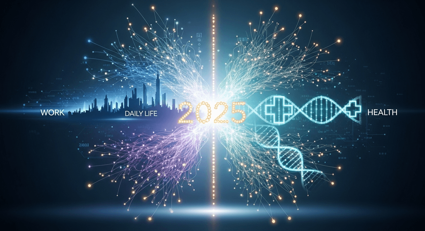 Illustration depicting AI technology shaping daily life in 2025 across work, health, and home