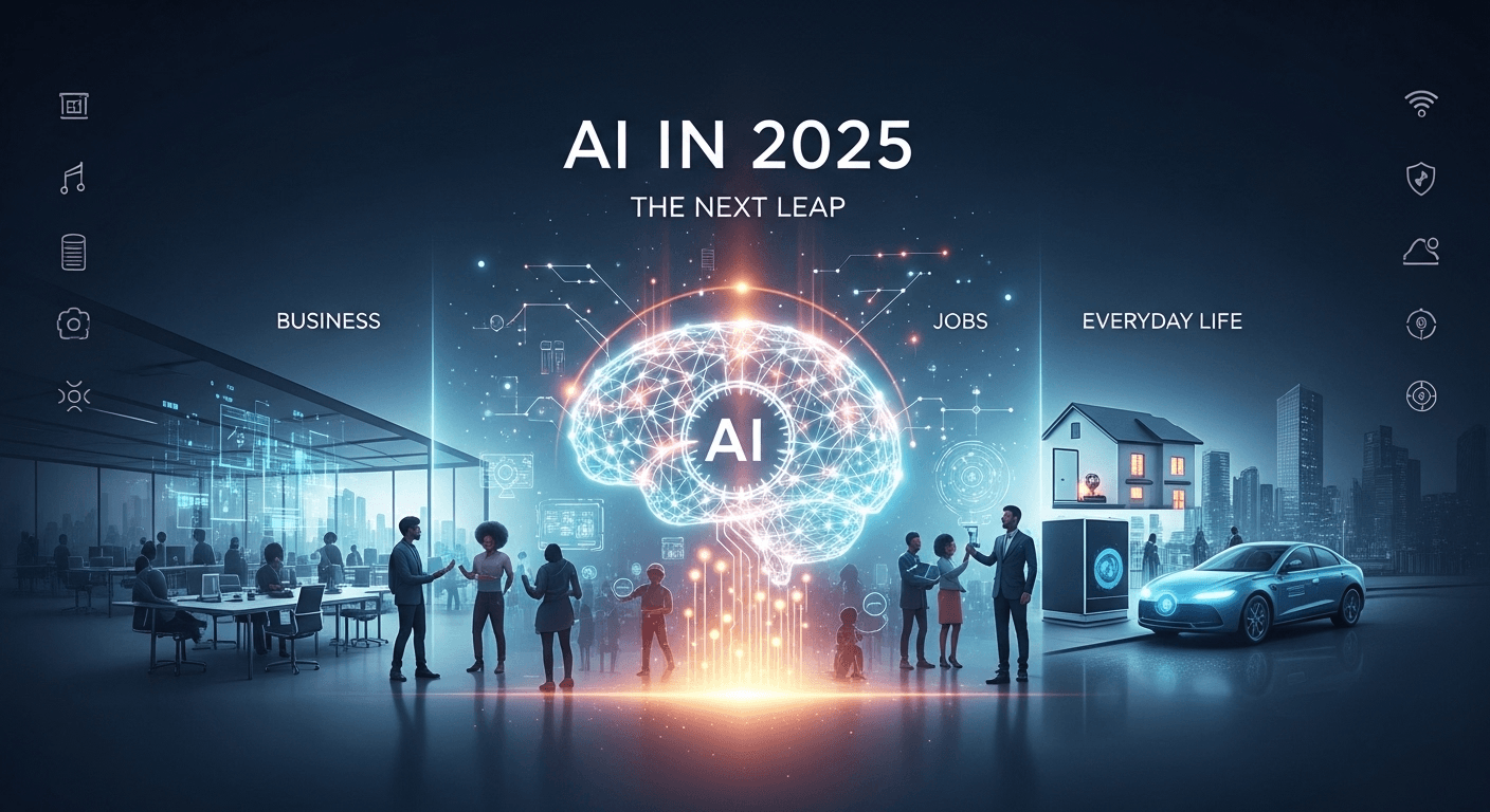 Abstract illustration of AI connecting business, jobs, and everyday life in 2025