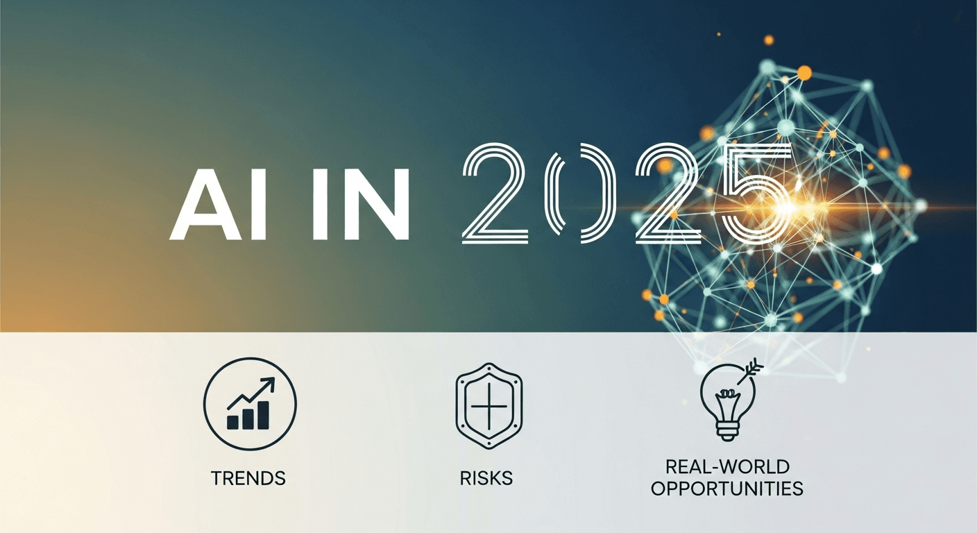 Illustration of AI trends in 2025 showing humans collaborating with intelligent systems and data visualizations