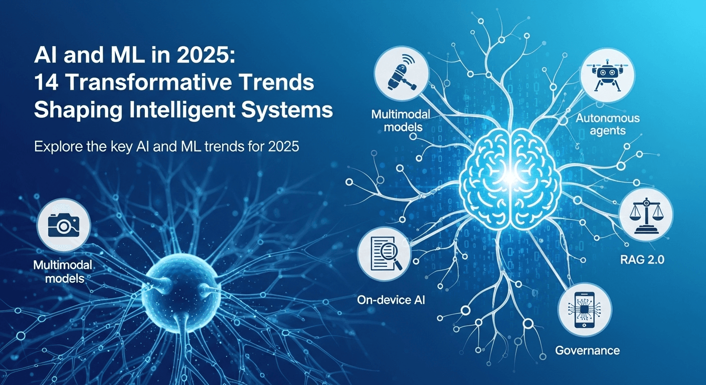 Illustration of 2025 AI and machine learning trends including multimodal models, agents, RAG, and on-device AI