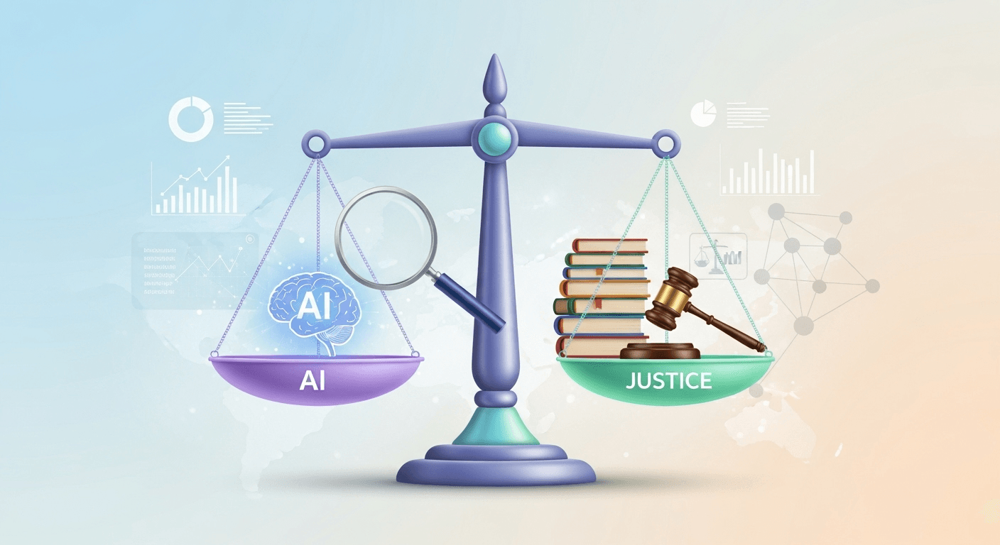 Scales of justice over a circuit board icon symbolizing AI fairness and accountability