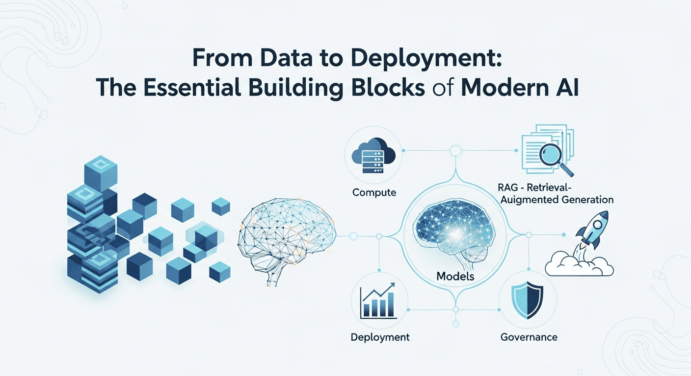 Illustration of AI building blocks from data and models to deployment and governance.