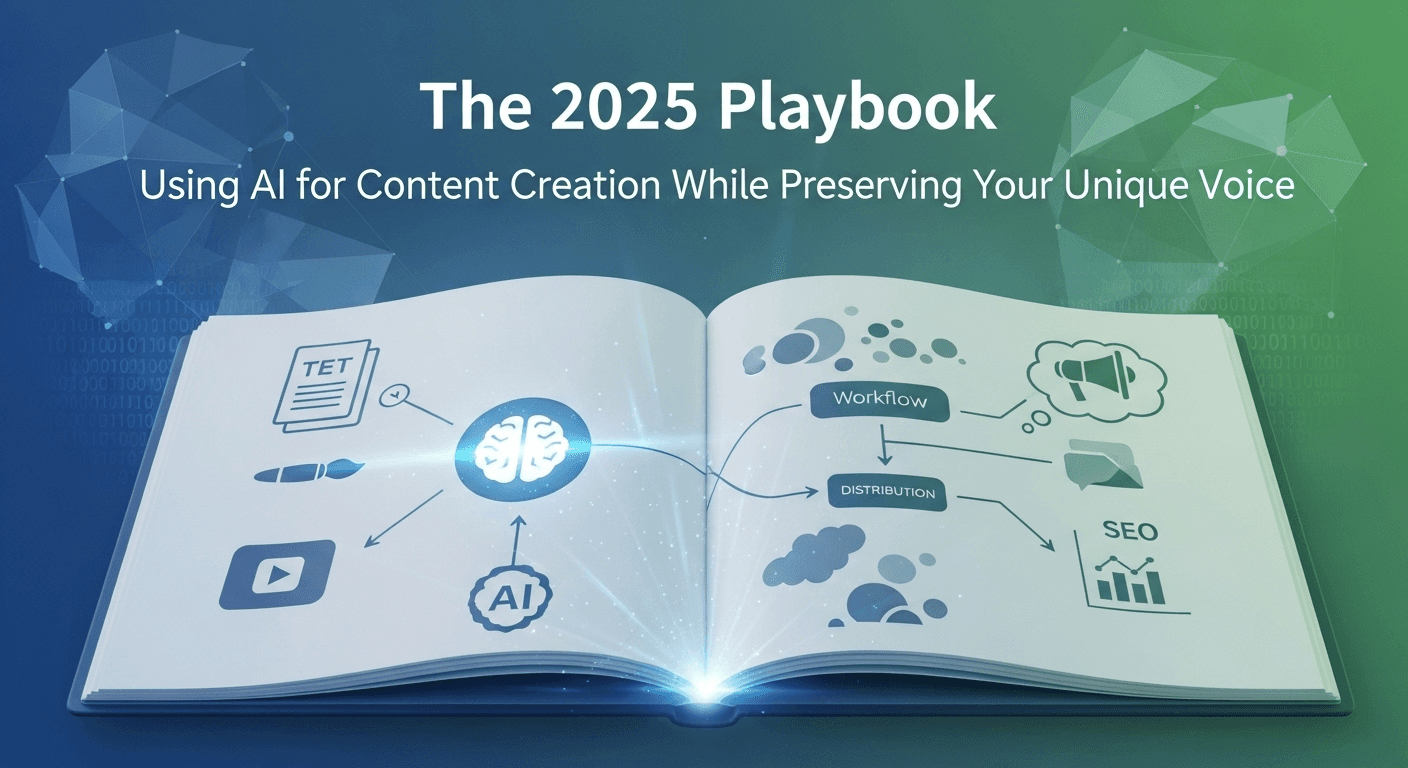 Individual utilizing AI tools on a laptop to plan and create content in 2025, with notes and visuals displayed on the screen.