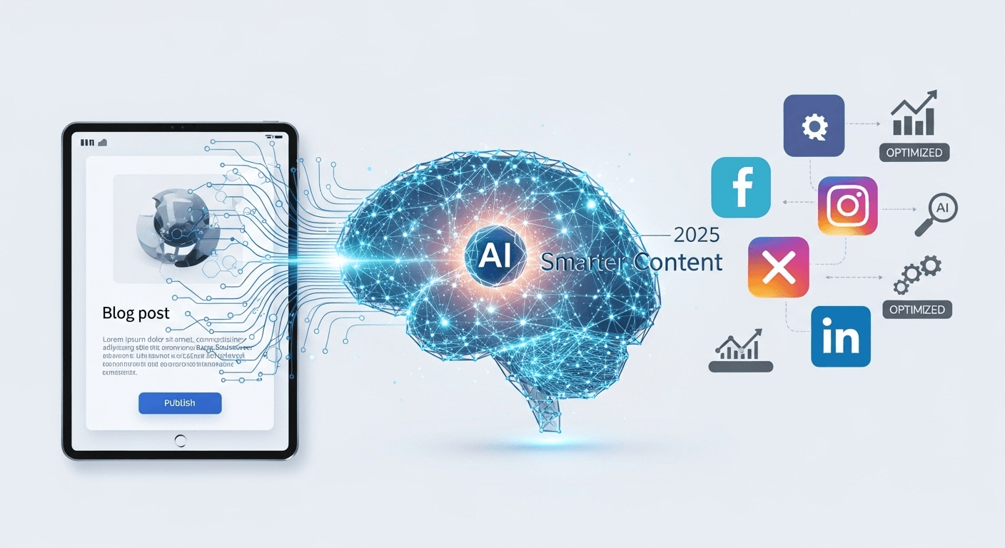 Illustration depicting AI tools aiding marketers with blog and social media content in 2025