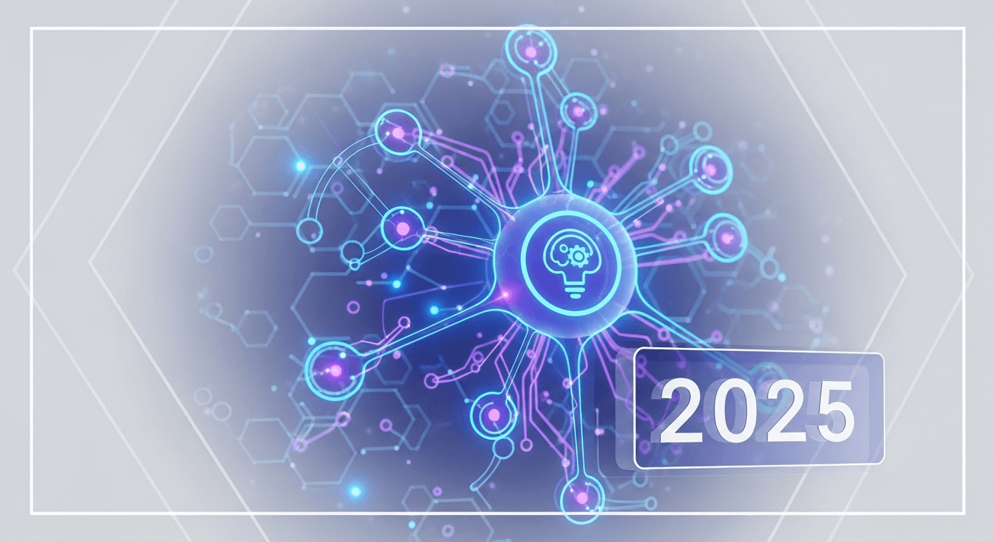 Illustration of AI concepts with data, neural networks, and human-computer collaboration