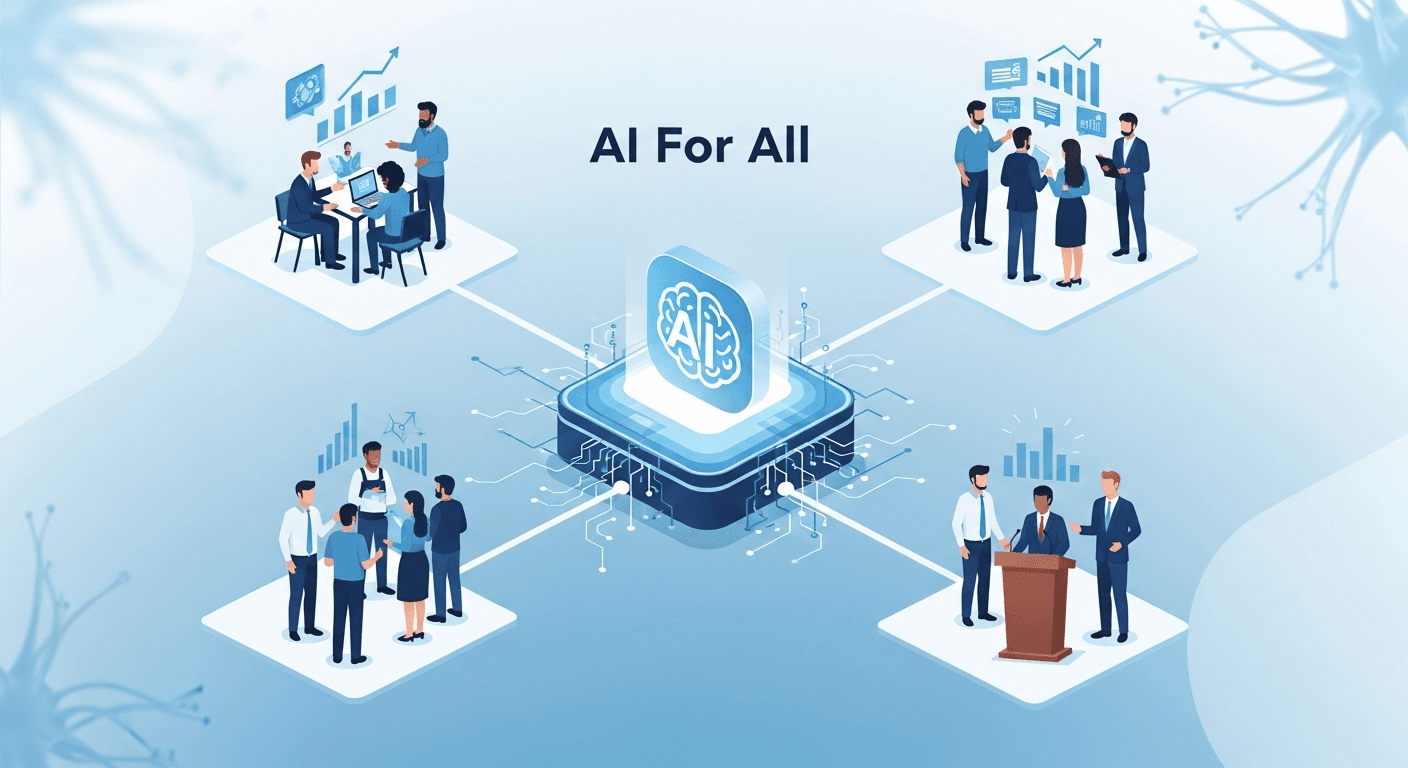 People using AI tools to collaborate at work, symbolizing expanded economic opportunity for small teams and communities