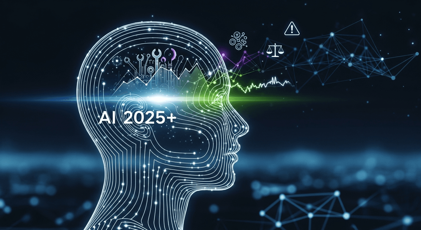 Illustration of AI trends in 2025, highlighting advancements in multimodal models, agents, on-device AI, and robotics