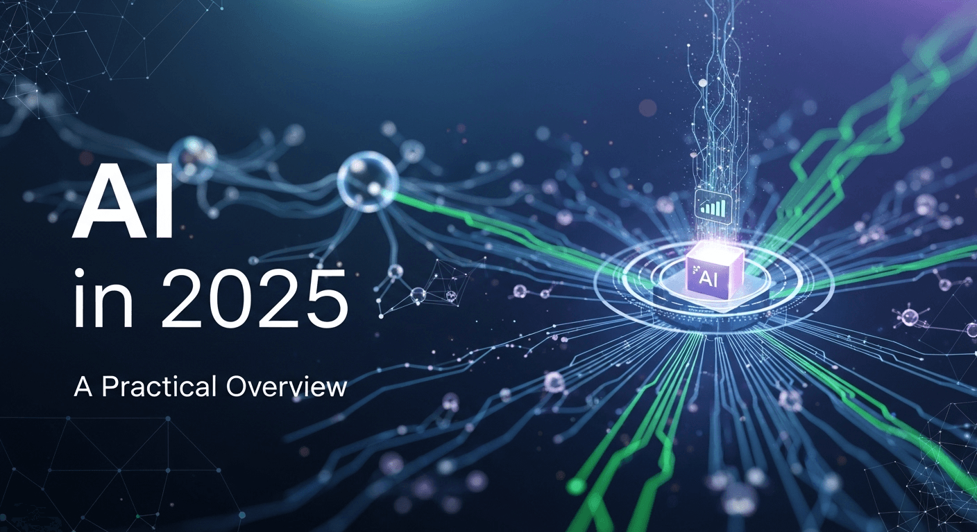 Illustration of AI in 2025 depicting human-AI collaboration across text, images, and code