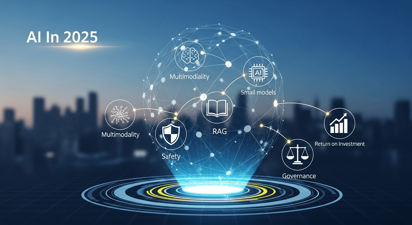 Illustration depicting 2025 AI trends including multimodal models, small models, content provenance, and governance themes