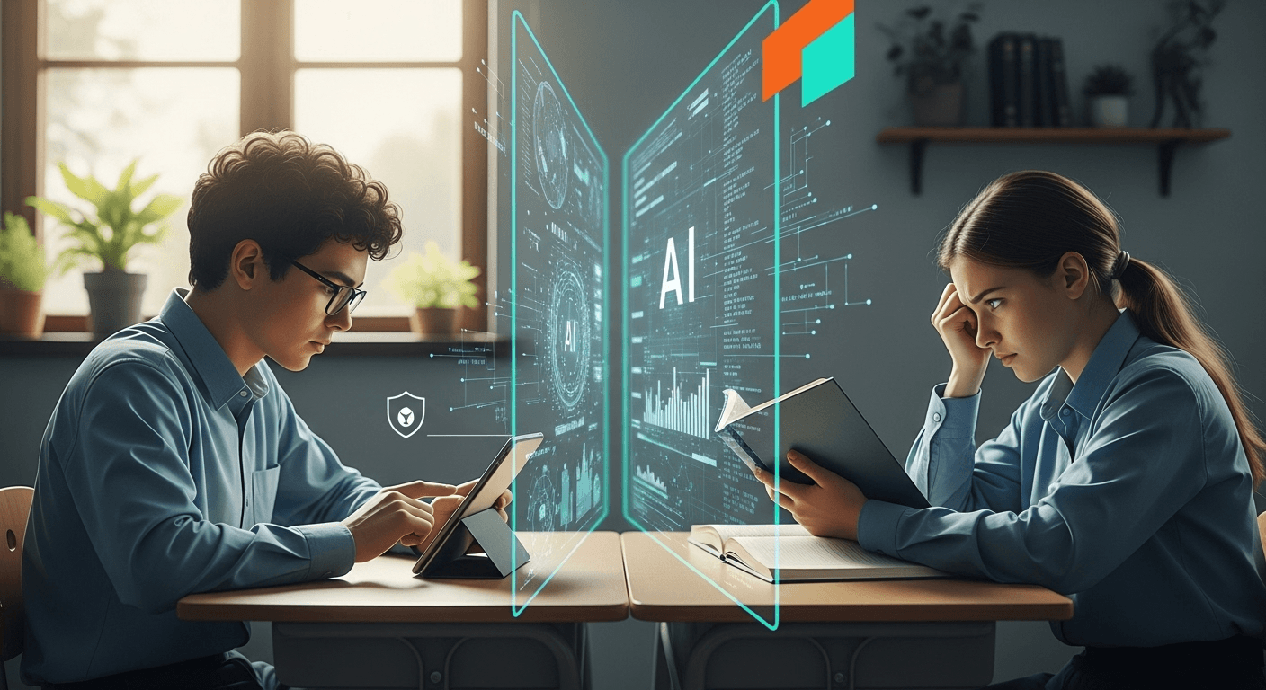 Students using AI tools in a classroom with teacher oversight