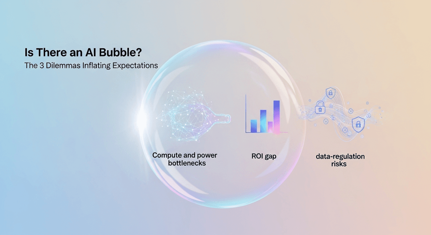 Data center servers and dollar symbols illustrating an AI investment bubble