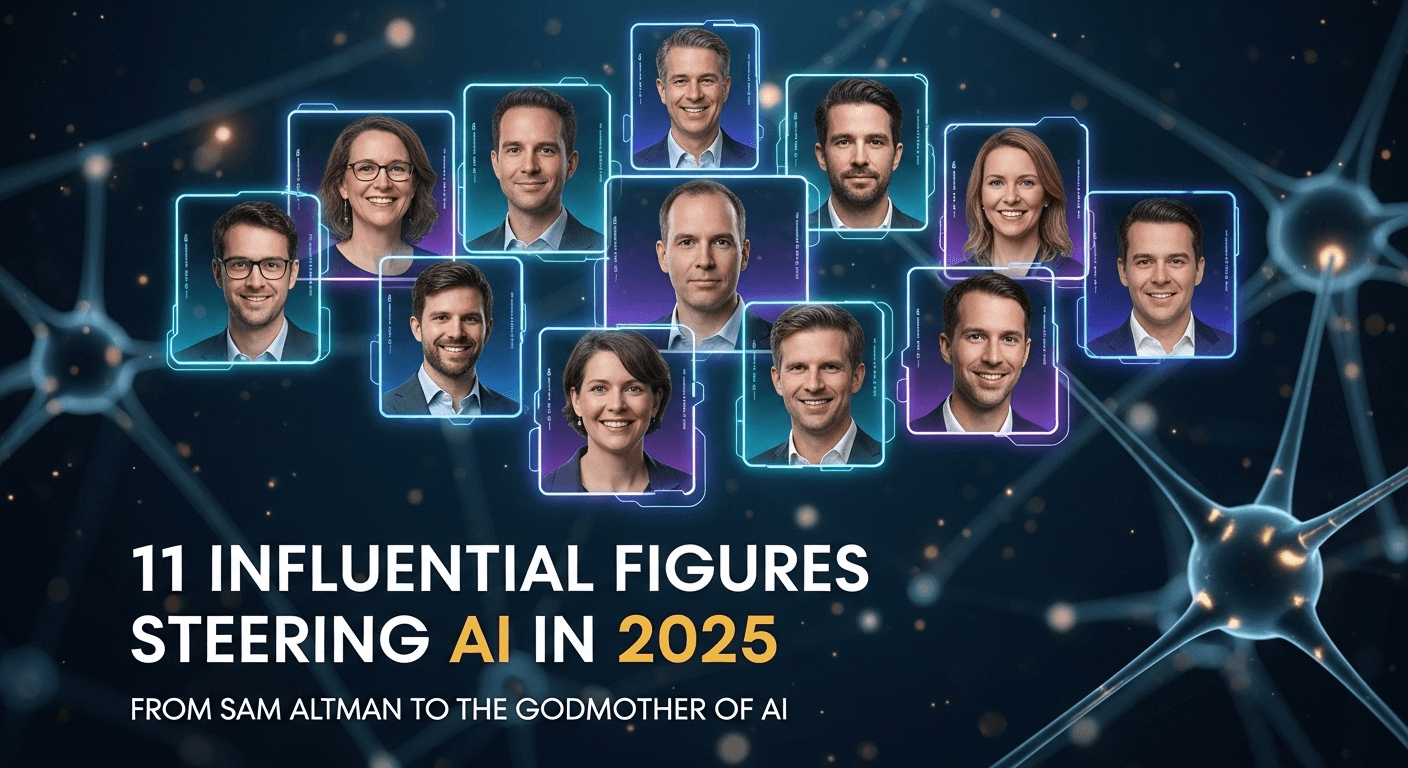 Collage of 11 AI leaders including Sam Altman, Fei-Fei Li, Demis Hassabis, and Jensen Huang
