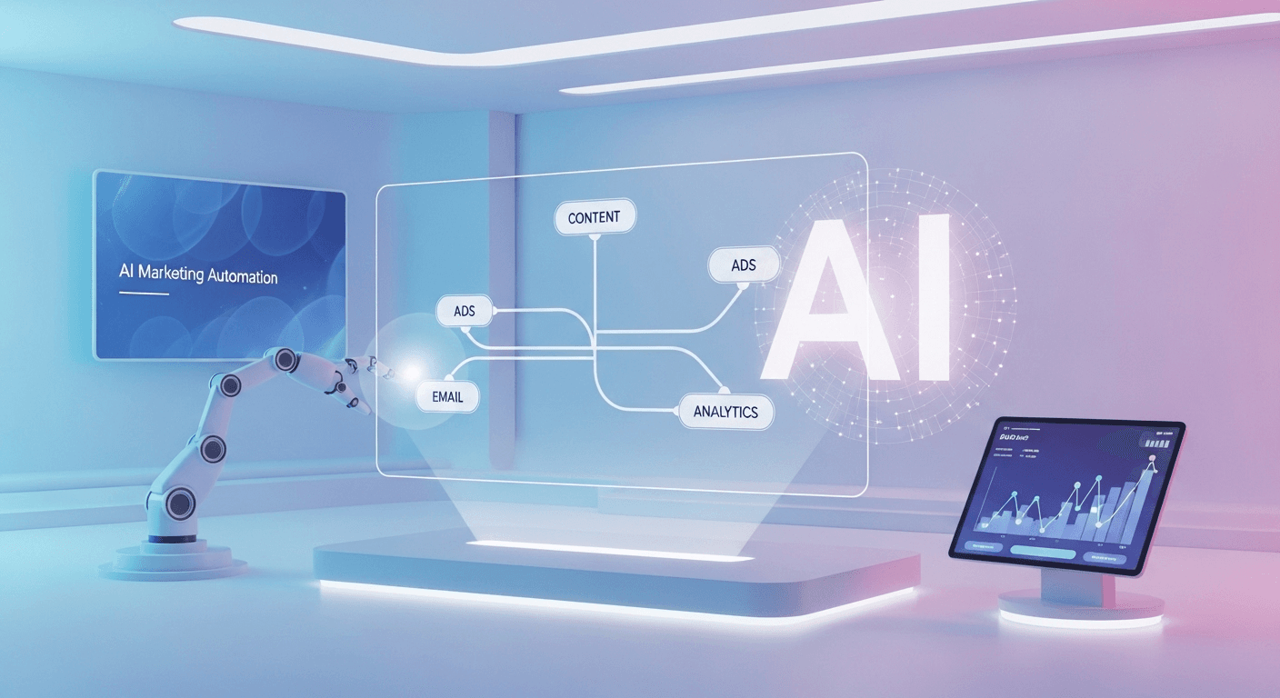 Marketers reviewing an AI-powered marketing dashboard that streamlines social, email, ads, and analytics activities