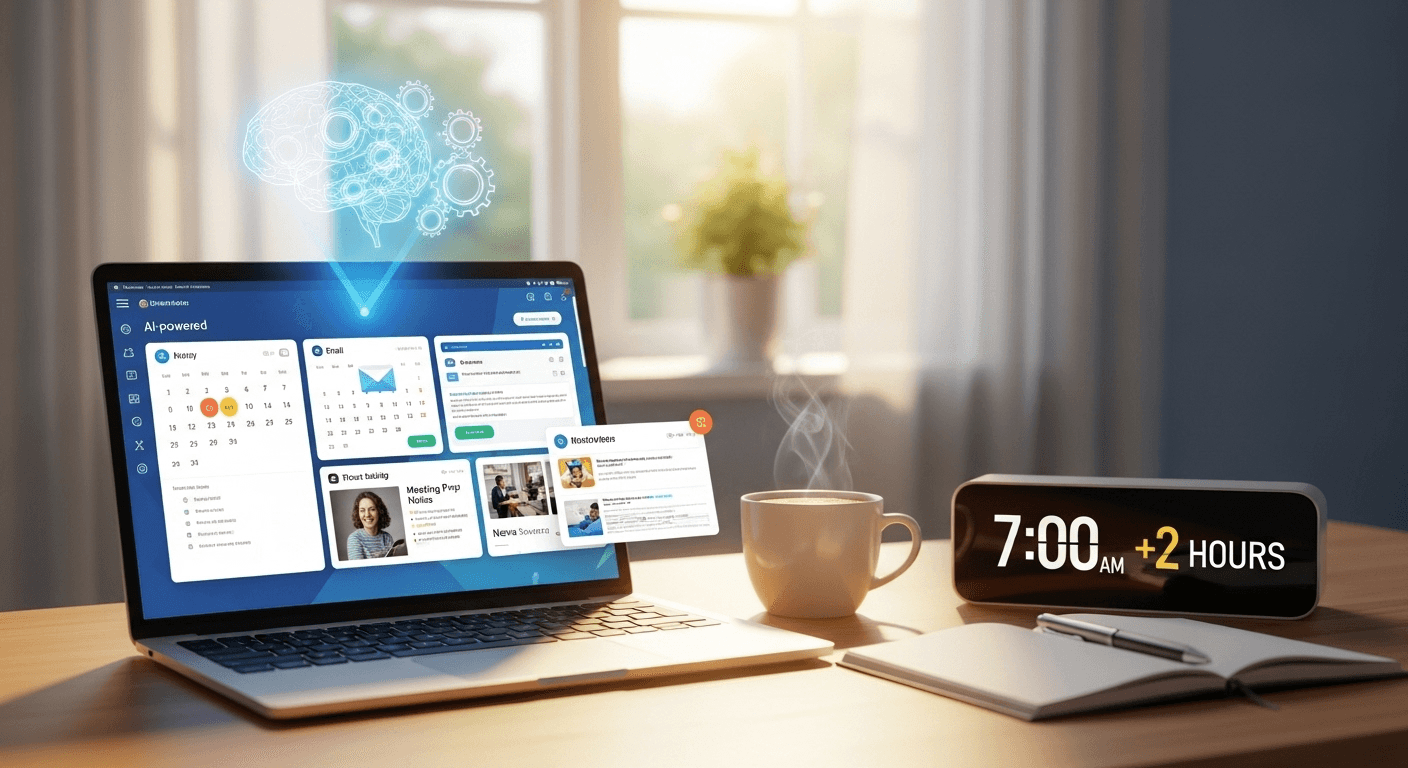 Morning desk with a laptop and AI assistant planning the day's schedule