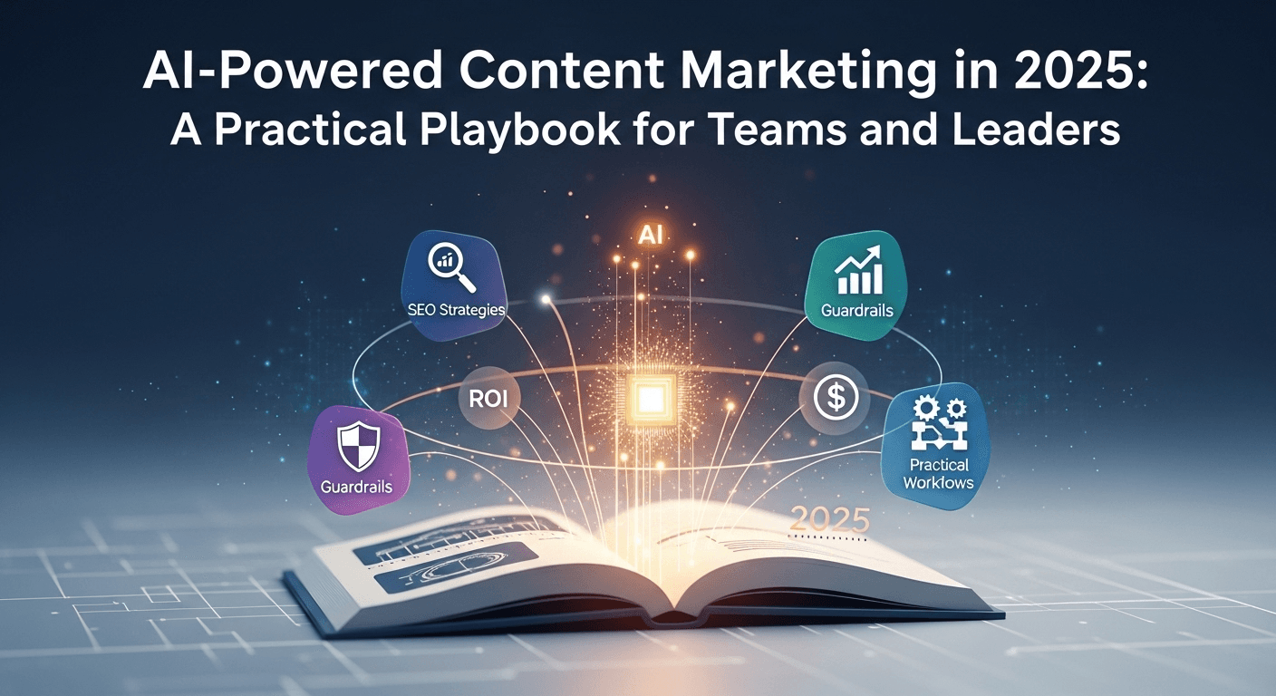 Illustration showcasing AI enhancing a contemporary content marketing workflow in 2025, integrating research, writing, multimedia, and analytics