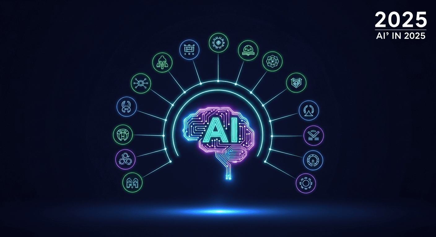 Abstract illustration of 2025 AI trends including agents, chips, robots, and policy icons