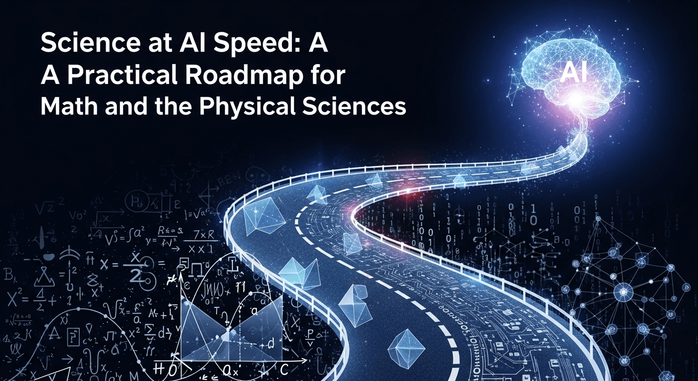 An illustration depicting AI accelerating discoveries in mathematics and the physical sciences through data analysis, equations, and laboratory experiments.