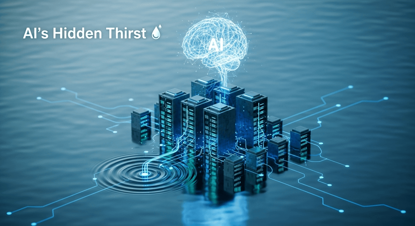 Cooling towers at a data center with water vapor rising, representing the water footprint of AI workloads