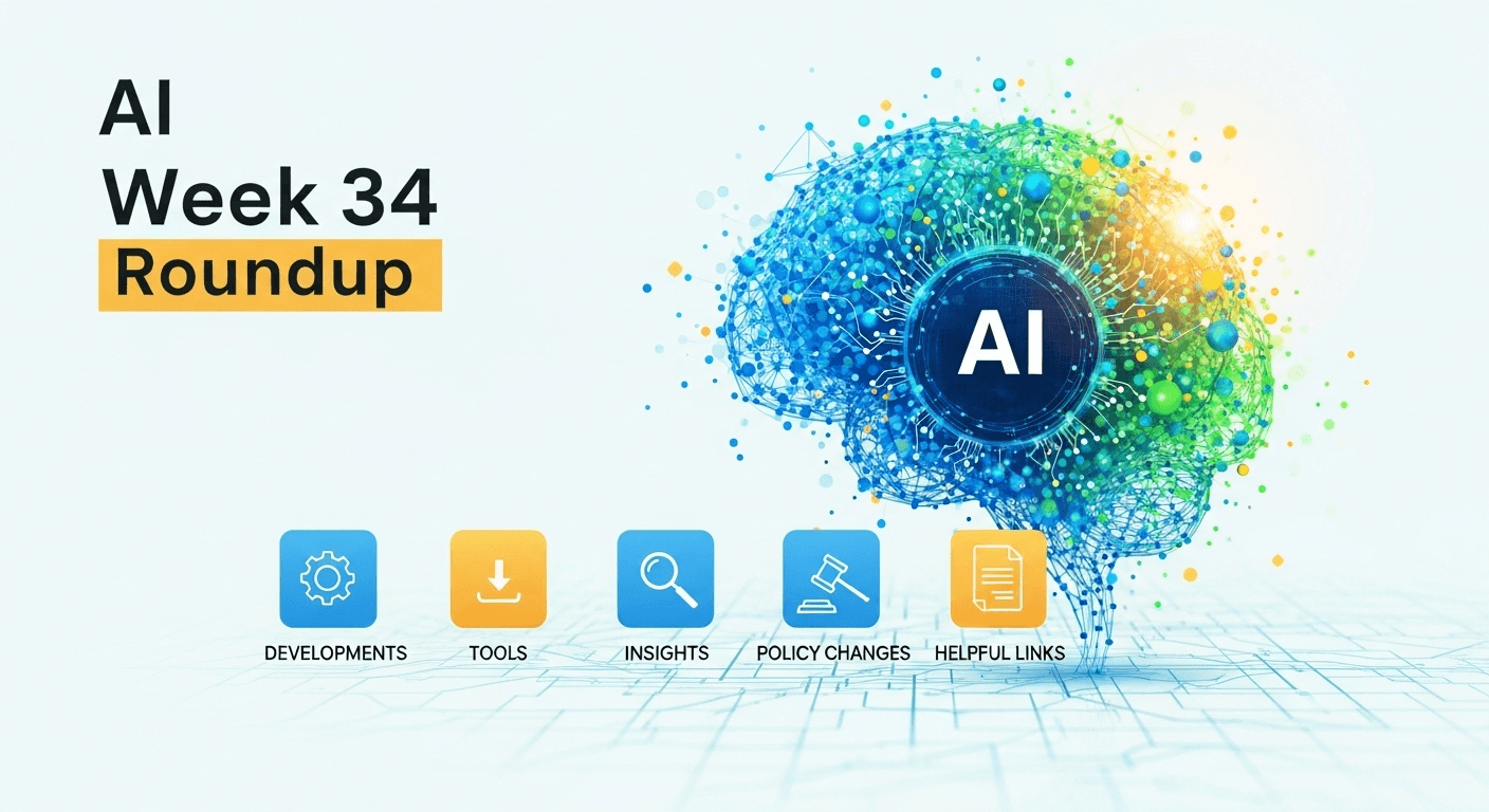 Collage of AI news highlights including models, tools, and policy for week 34