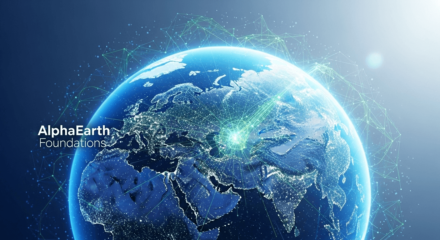 Satellite view of Earth with AI-generated mapping overlays highlighting land, water, and urban features