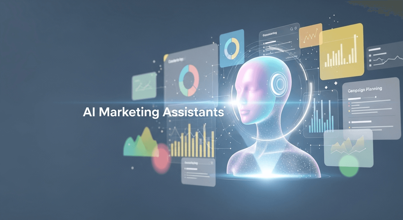 Illustration of an always-on AI marketing assistant analyzing campaigns across channels with dashboards and chat interface