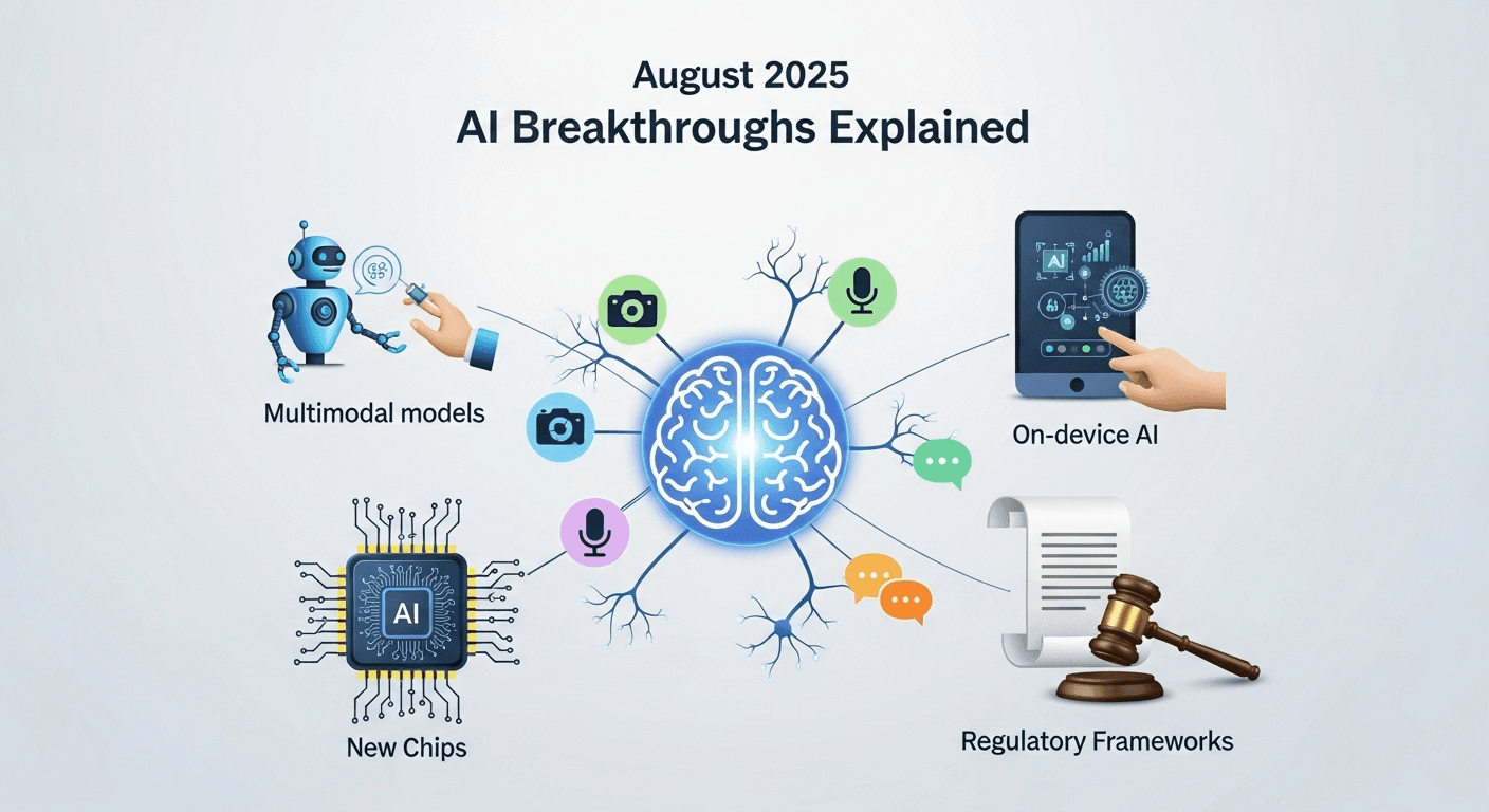 Collage illustrating AI breakthroughs in 2025, including multimodal models, AI agents, on-device chips, and data center innovations