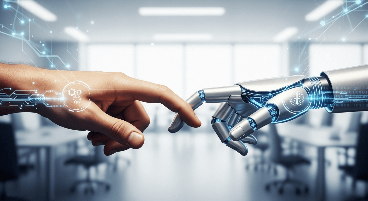 Professional collaborating with an AI assistant on a laptop in a modern workspace