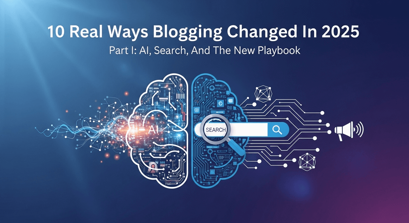 Illustration depicting blogging in 2025 with AI tools, search changes, and multimedia content