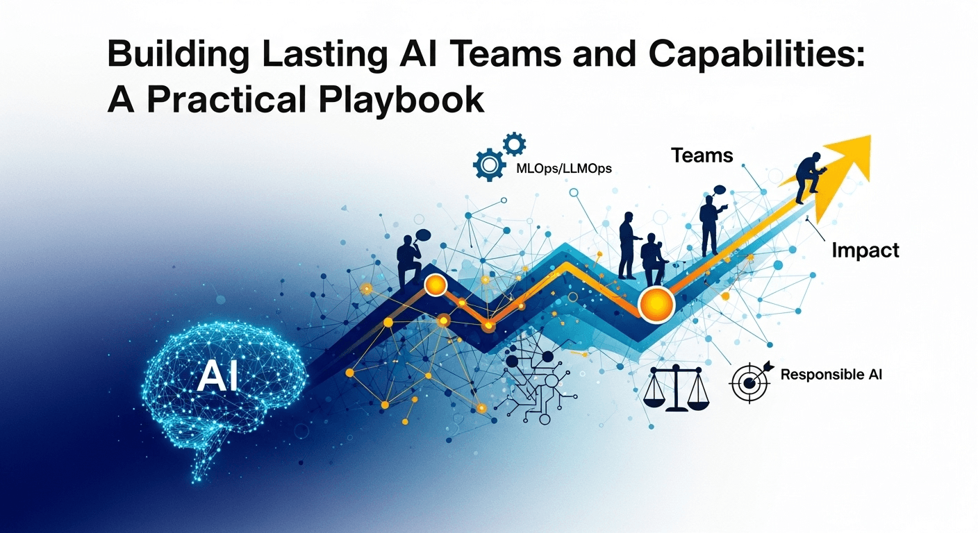 Illustration of a cross-functional team developing AI capabilities with a focus on data, models, and governance