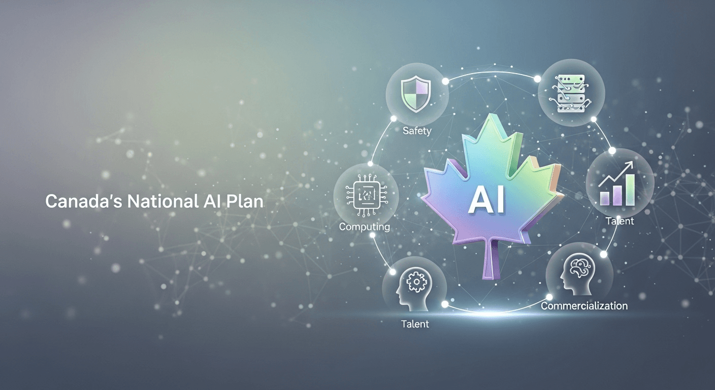 Parliament Hill in Ottawa with a digital overlay depicting networks symbolizing AI policy and strategy.
