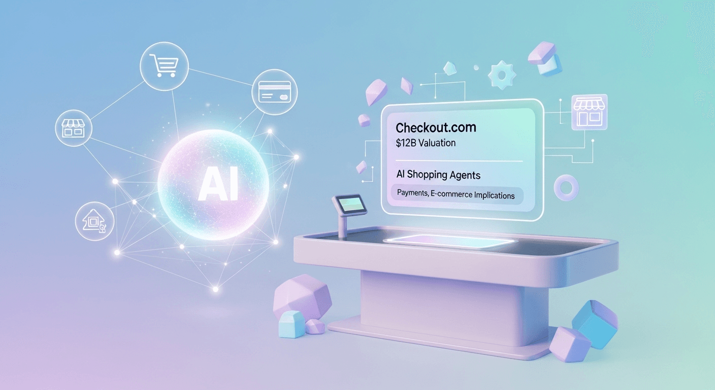 Illustration depicting AI shopping agents interacting with e-commerce checkout and payment systems.