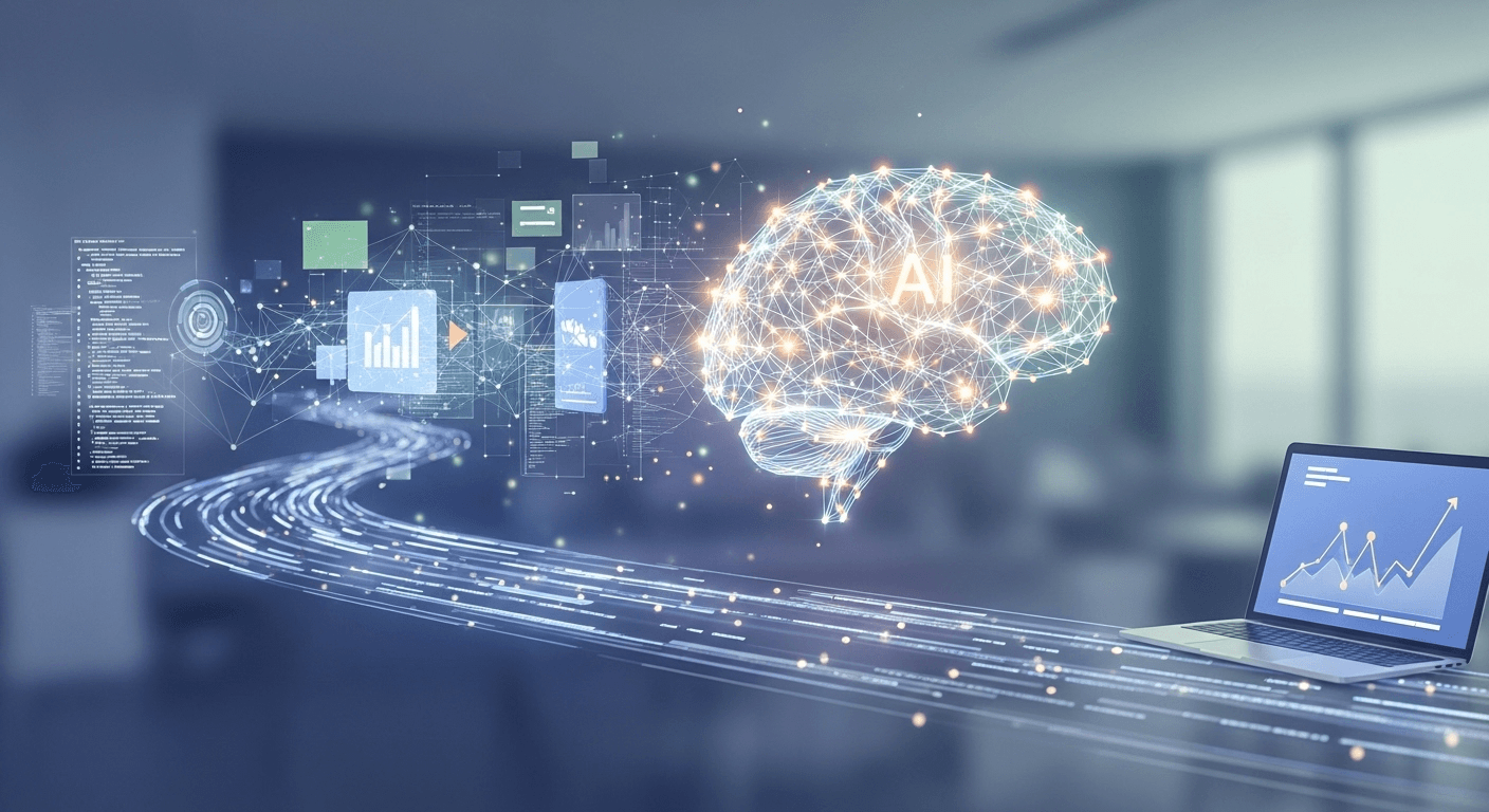 Developer utilizing an AI coding assistant on a laptop during a code review session