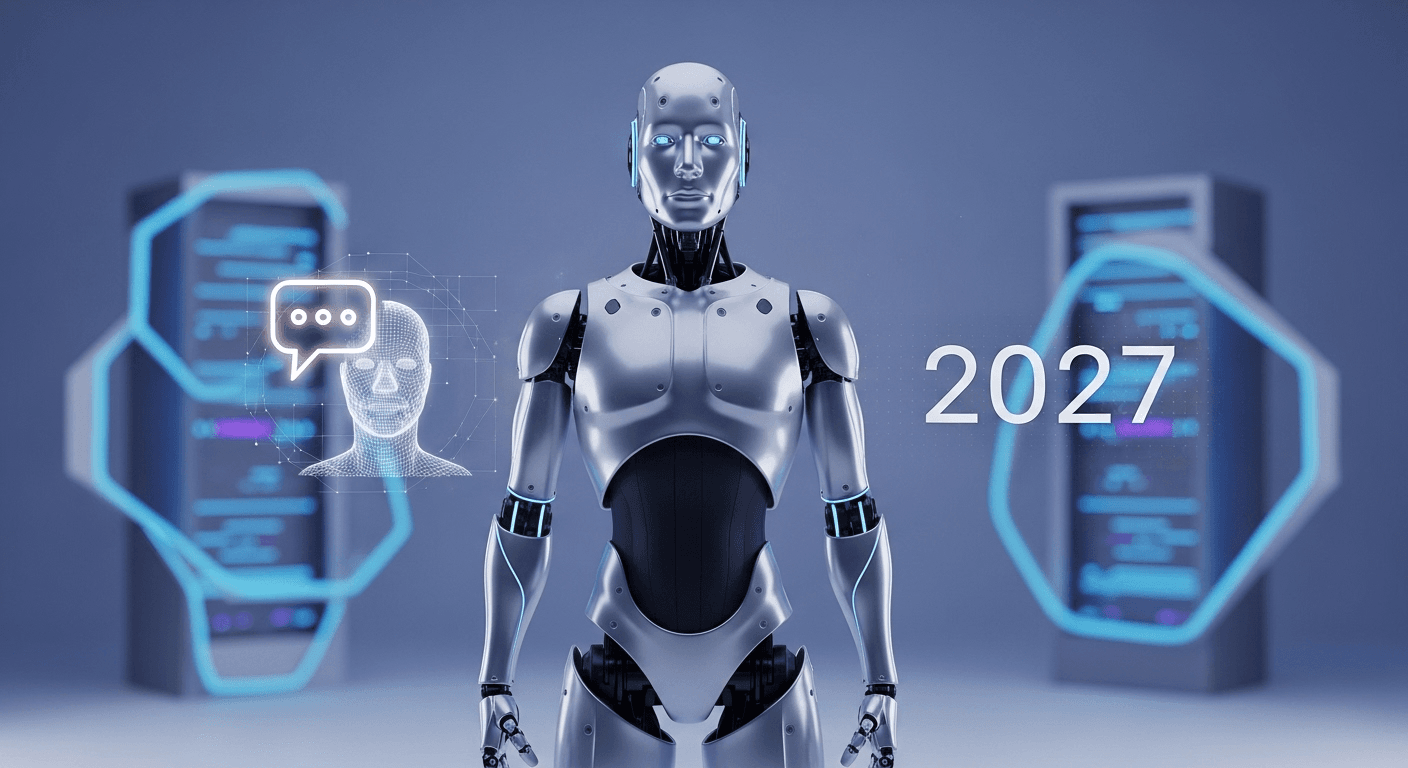 Prototypes of humanoid robots alongside AI computing hardware, symbolizing the rise of embodied AI.