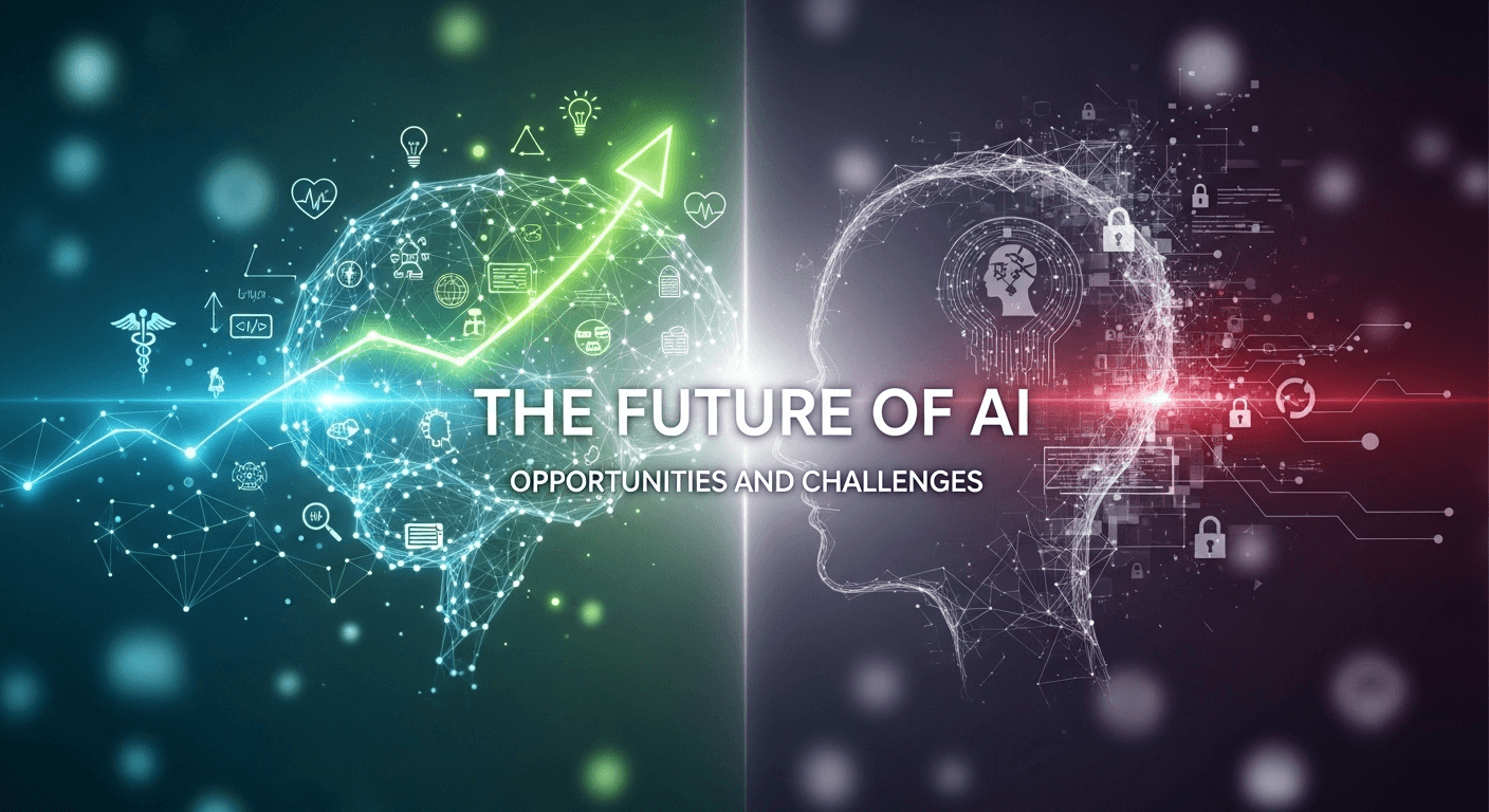 Futuristic AI landscape with opportunities and challenges