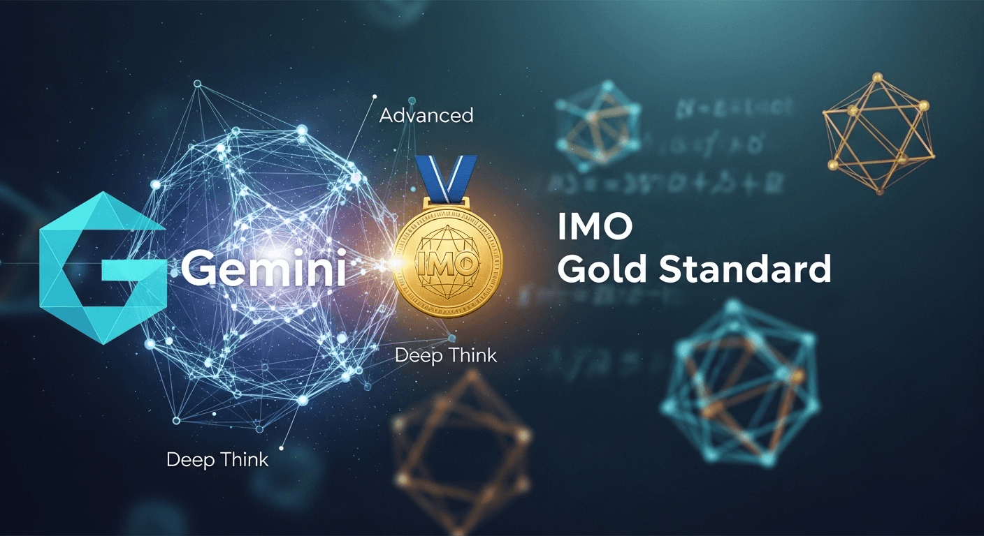 Illustration depicting an AI model reasoning through a complex mathematical proof to achieve IMO gold-standard performance.
