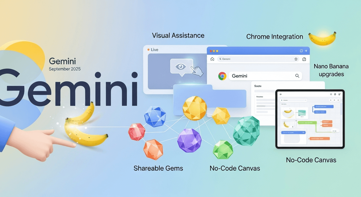 Gemini app September 2025 updates including visual guidance, Chrome integration, shareable Gems, and Canvas no-code editing