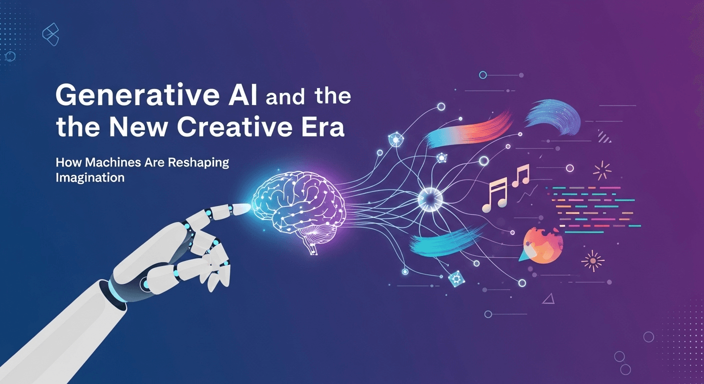 Abstract illustration of a person collaborating with an AI to create text, images, and music