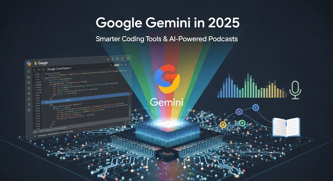 Illustration of Google Gemini powering coding tools and AI-generated podcasts