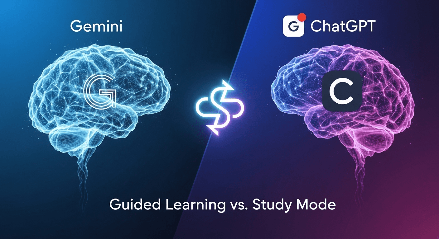 Concept image comparing Google Gemini Guided Learning with ChatGPT Study Mode, showcasing study prompts and step-by-step hints.