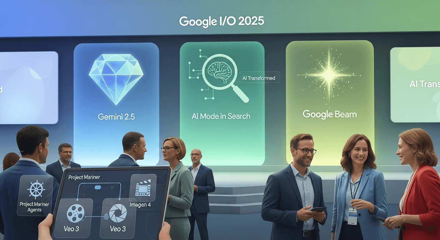 Sundar Pichai on stage at Google I/O 2025 with Gemini visuals behind him