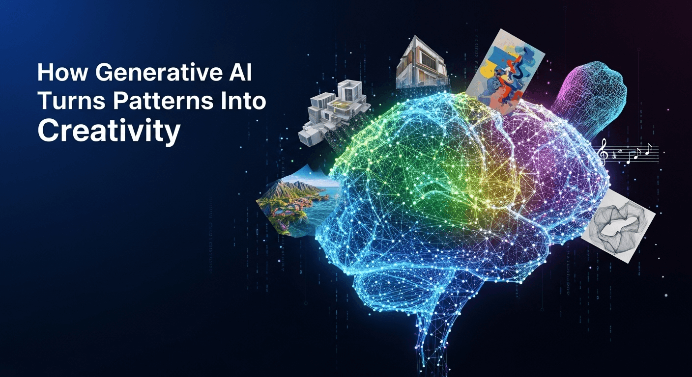 Abstract visualization of generative AI creating images, text, and music from noise